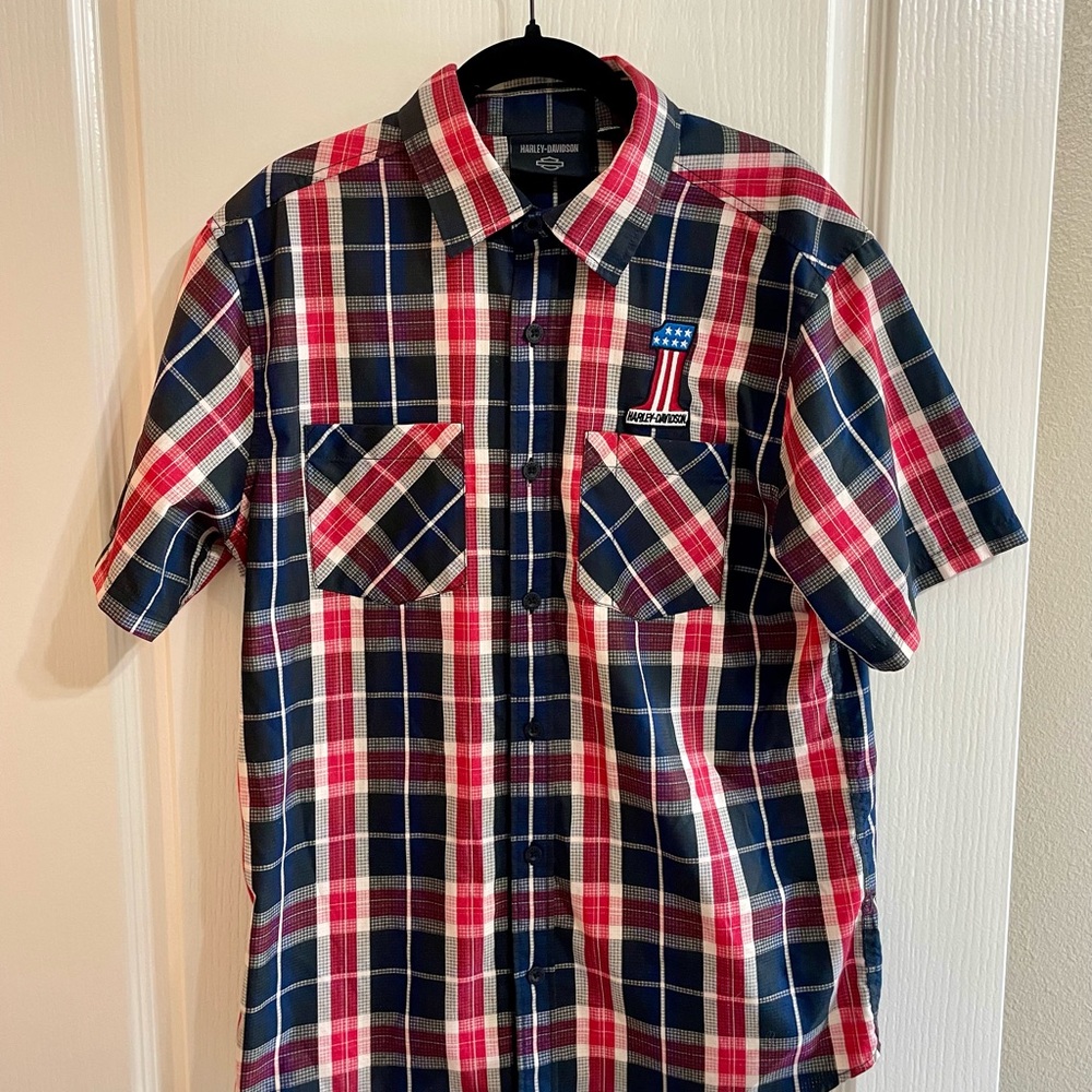 Harley-Davidson Red and Blue Casual Button Down Shirt